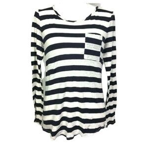 LOFT Women's S Black/Cream Linen Blend Long Sleeve Striped Shirt